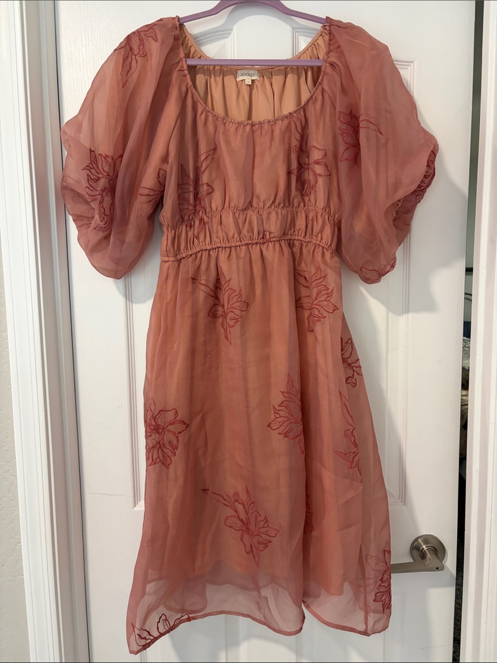 Roolee Rust Pink Embroidered Midi Dress